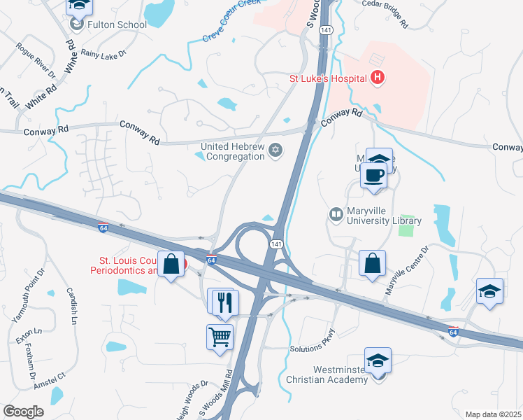 map of restaurants, bars, coffee shops, grocery stores, and more near 424 South Woods Mill Road in Chesterfield