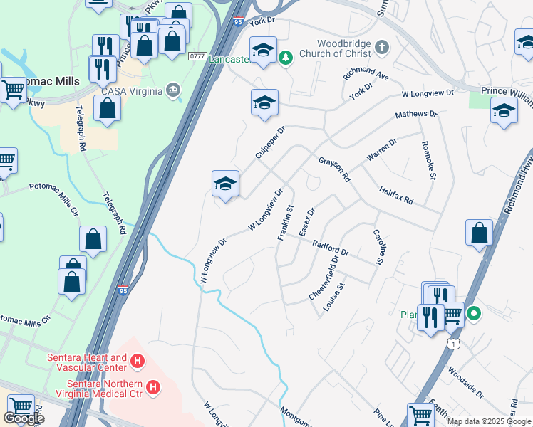 map of restaurants, bars, coffee shops, grocery stores, and more near 2313 East Longview Drive in Woodbridge