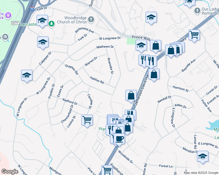 map of restaurants, bars, coffee shops, grocery stores, and more near 1805 Halifax Road in Woodbridge