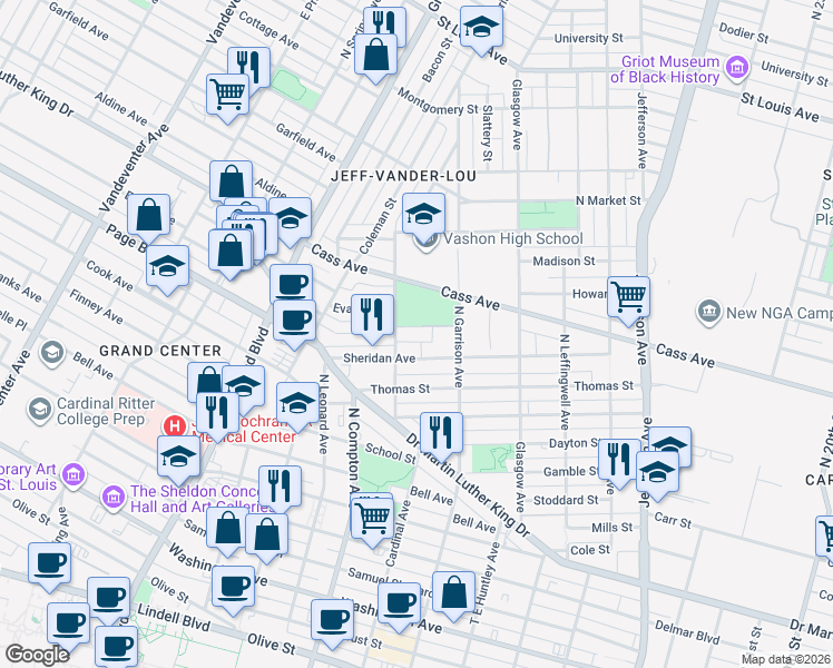 map of restaurants, bars, coffee shops, grocery stores, and more near 3102 Evans Avenue in St. Louis