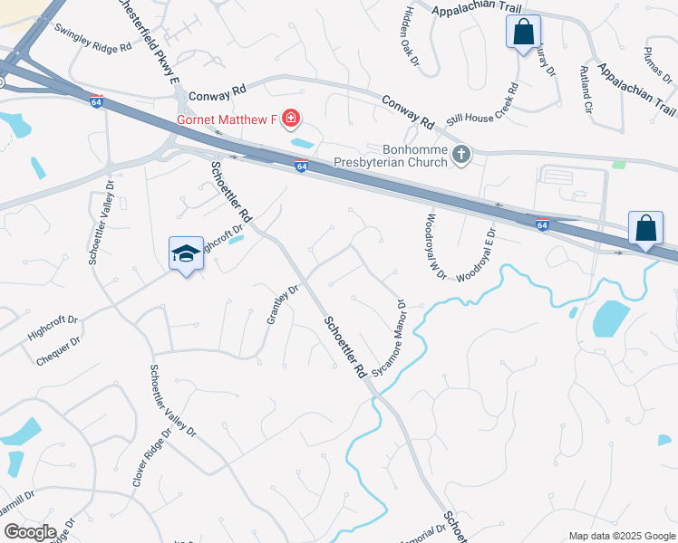 map of restaurants, bars, coffee shops, grocery stores, and more near 14865 Grantley Drive in Chesterfield