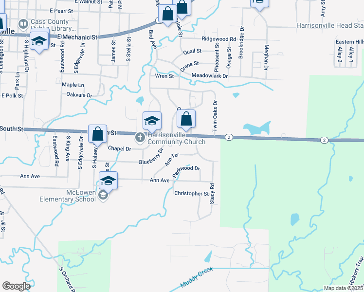 map of restaurants, bars, coffee shops, grocery stores, and more near 2002 Chateau Drive in Harrisonville