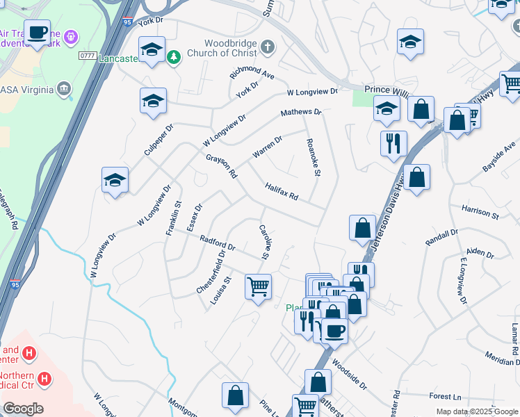 map of restaurants, bars, coffee shops, grocery stores, and more near 14118 Grayson Road in Woodbridge