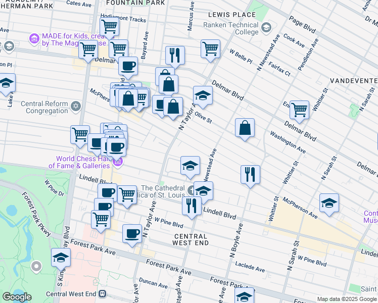 map of restaurants, bars, coffee shops, grocery stores, and more near 4457 McPherson Avenue in St. Louis