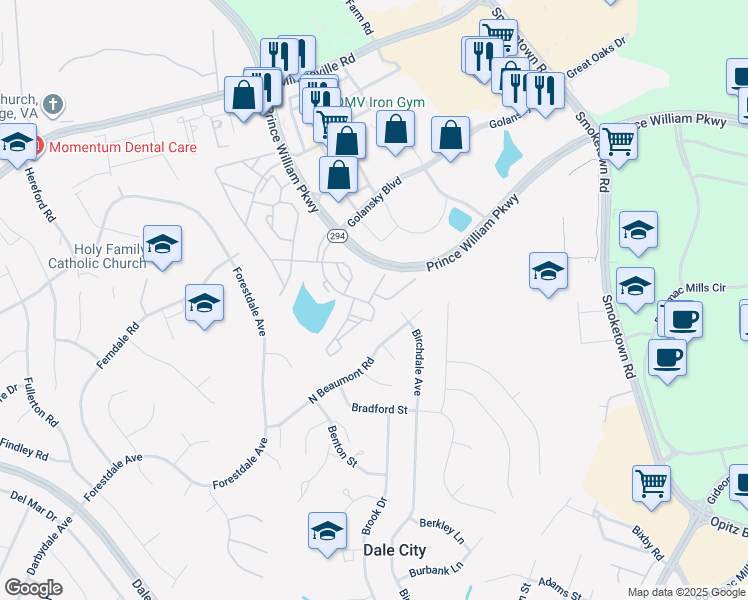 map of restaurants, bars, coffee shops, grocery stores, and more near 3297 Gina Place in Woodbridge
