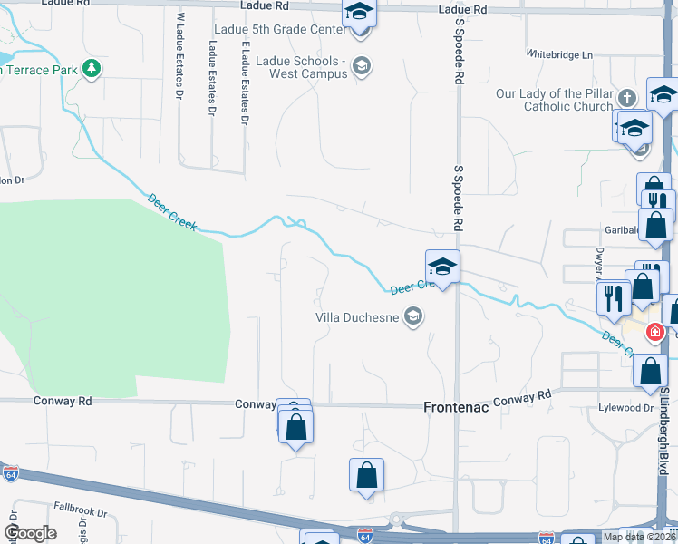 map of restaurants, bars, coffee shops, grocery stores, and more near 830 Bluespring Lane in Frontenac