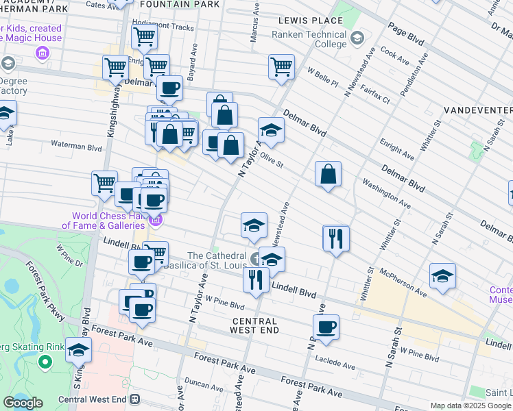 map of restaurants, bars, coffee shops, grocery stores, and more near 4446 McPherson Avenue in St. Louis