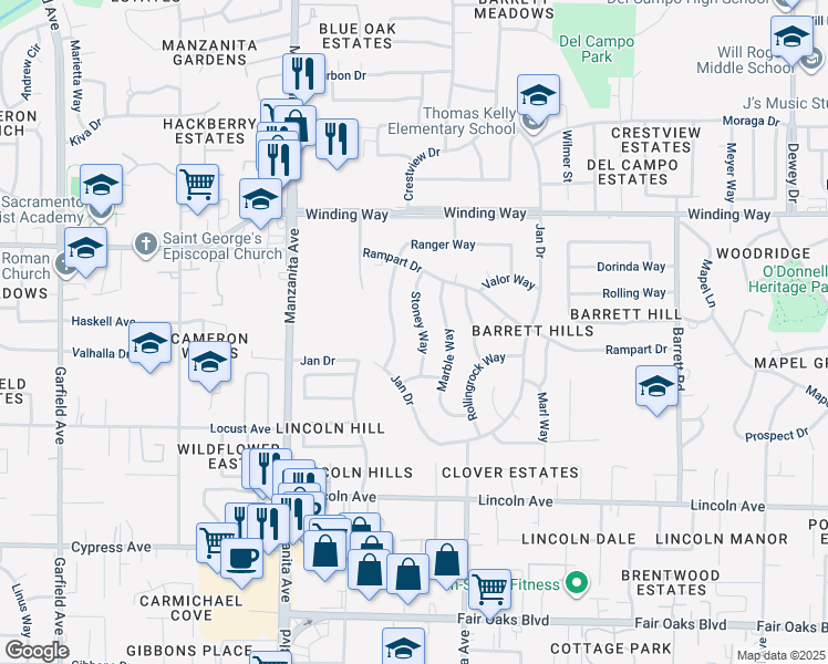 map of restaurants, bars, coffee shops, grocery stores, and more near 4451 Stoney Way in Carmichael