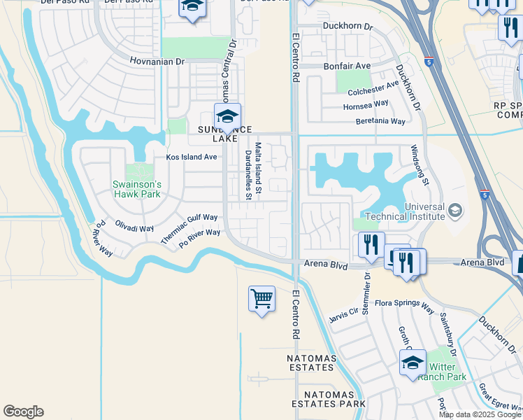 map of restaurants, bars, coffee shops, grocery stores, and more near 3604 Sardinia Island Way in Sacramento