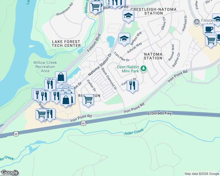 map of restaurants, bars, coffee shops, grocery stores, and more near 329 Baird Drive in Folsom