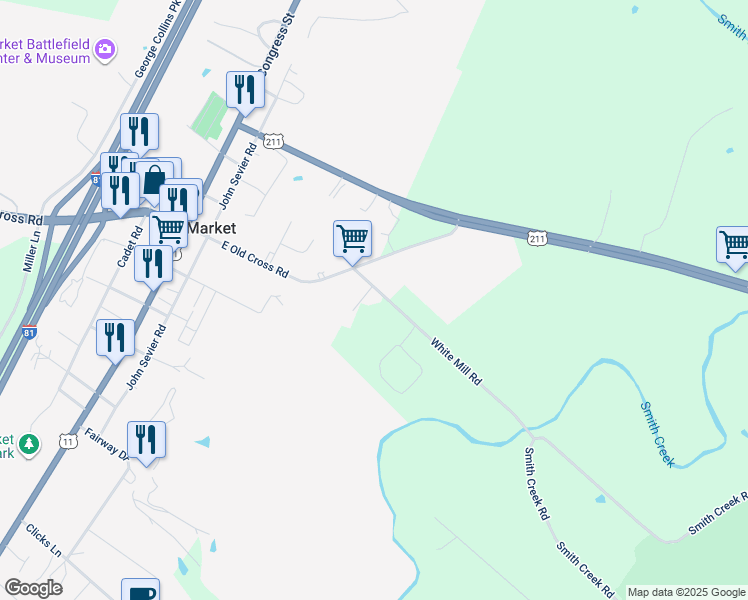 map of restaurants, bars, coffee shops, grocery stores, and more near 10 White Mill Road in New Market