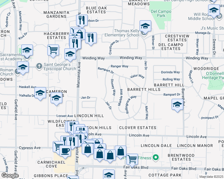 map of restaurants, bars, coffee shops, grocery stores, and more near 4451 Stoney Way in Carmichael