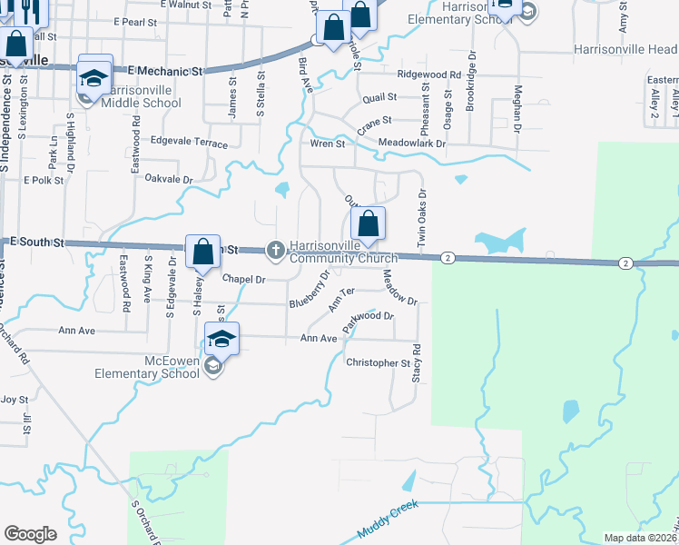 map of restaurants, bars, coffee shops, grocery stores, and more near 1900 Blueberry Drive in Harrisonville