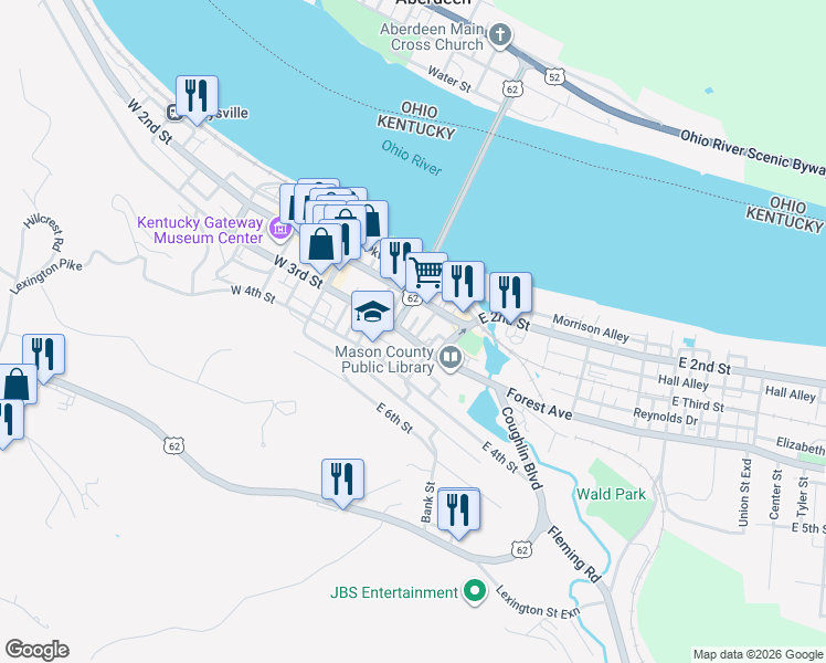map of restaurants, bars, coffee shops, grocery stores, and more near 213 Lee Street in Maysville