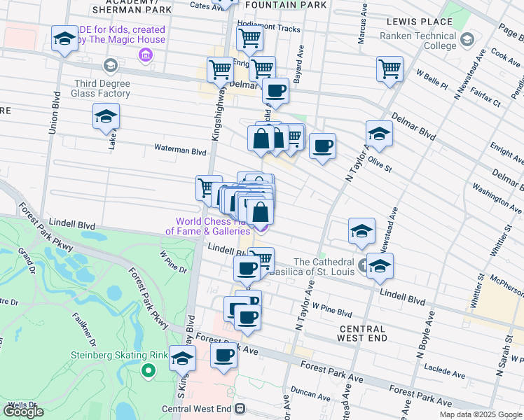 map of restaurants, bars, coffee shops, grocery stores, and more near 4668 Pershing Place in St. Louis