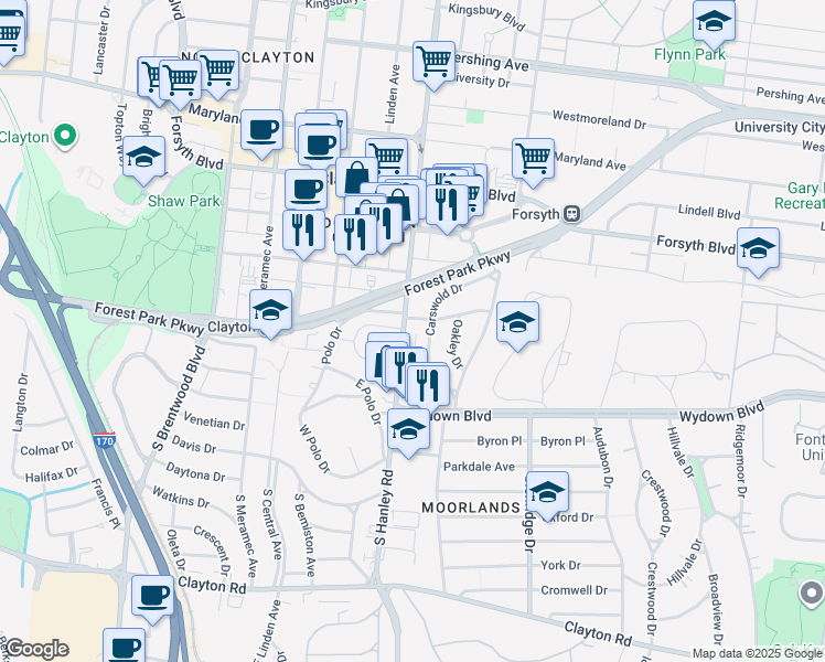 map of restaurants, bars, coffee shops, grocery stores, and more near 326 South Hanley Road in Clayton