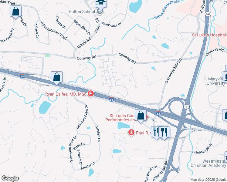 map of restaurants, bars, coffee shops, grocery stores, and more near 14405 East Conway Meadows Court in Chesterfield