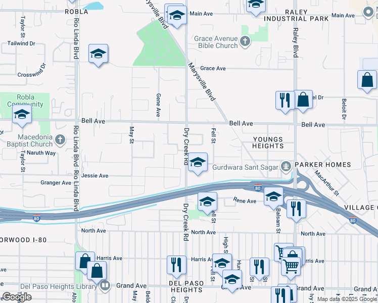 map of restaurants, bars, coffee shops, grocery stores, and more near 1201 Xandria Drive in Sacramento