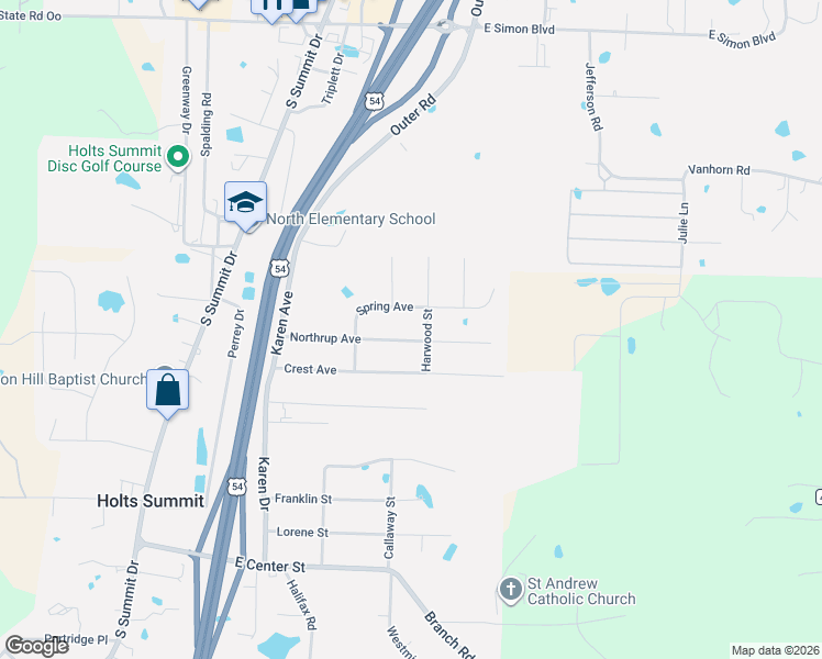 map of restaurants, bars, coffee shops, grocery stores, and more near Harwood Street in Holts Summit