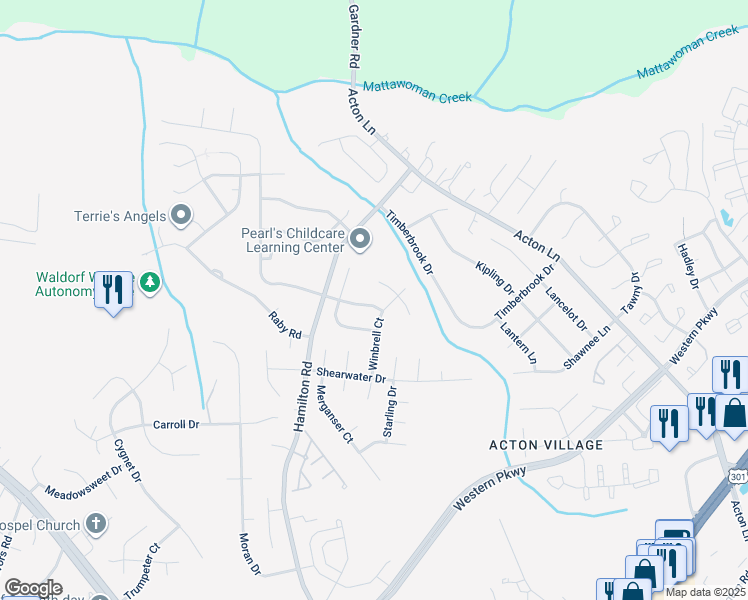 map of restaurants, bars, coffee shops, grocery stores, and more near 11326 Quietfields Street in Waldorf