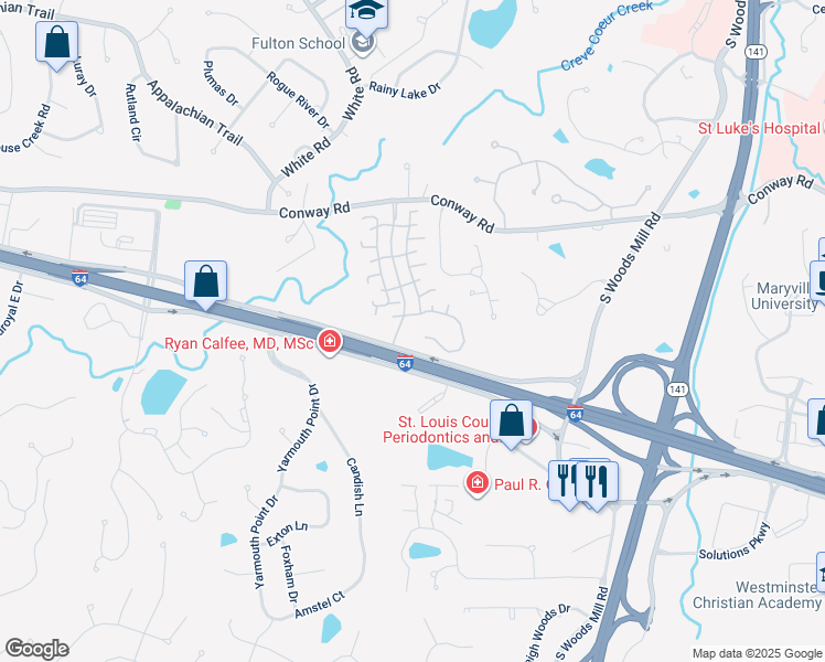 map of restaurants, bars, coffee shops, grocery stores, and more near 14405 East Conway Meadows Court in Chesterfield