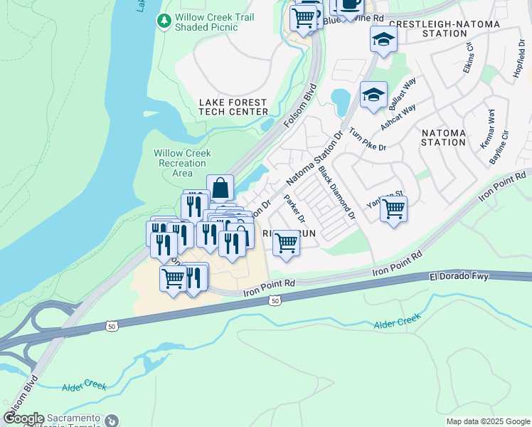 map of restaurants, bars, coffee shops, grocery stores, and more near 204 White Oak Court in Folsom