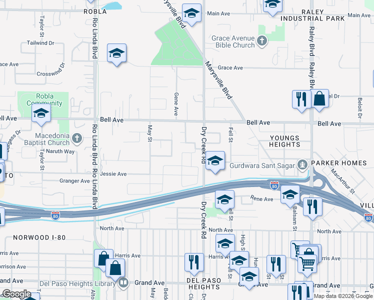 map of restaurants, bars, coffee shops, grocery stores, and more near 4251 Clay Creek Way in Sacramento