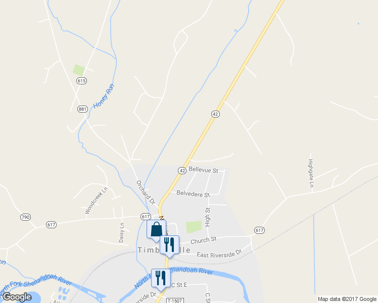map of restaurants, bars, coffee shops, grocery stores, and more near 412 North Main Street in Timberville