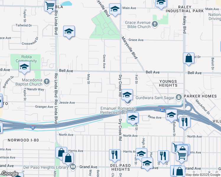 map of restaurants, bars, coffee shops, grocery stores, and more near 4251 Clay Creek Way in Sacramento