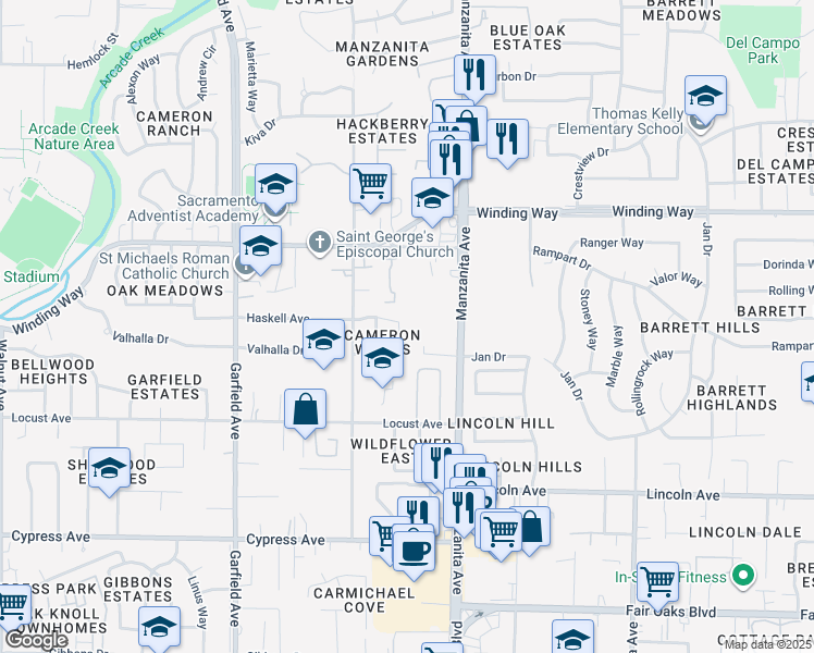 map of restaurants, bars, coffee shops, grocery stores, and more near 5731 Haskell Avenue in Carmichael