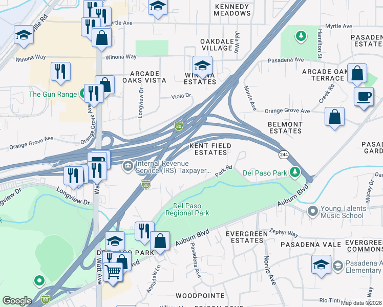 map of restaurants, bars, coffee shops, grocery stores, and more near 3810 Silver Spur Way in Sacramento