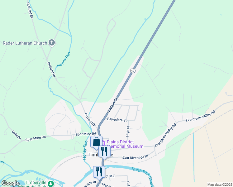 map of restaurants, bars, coffee shops, grocery stores, and more near 412 North Main Street in Timberville