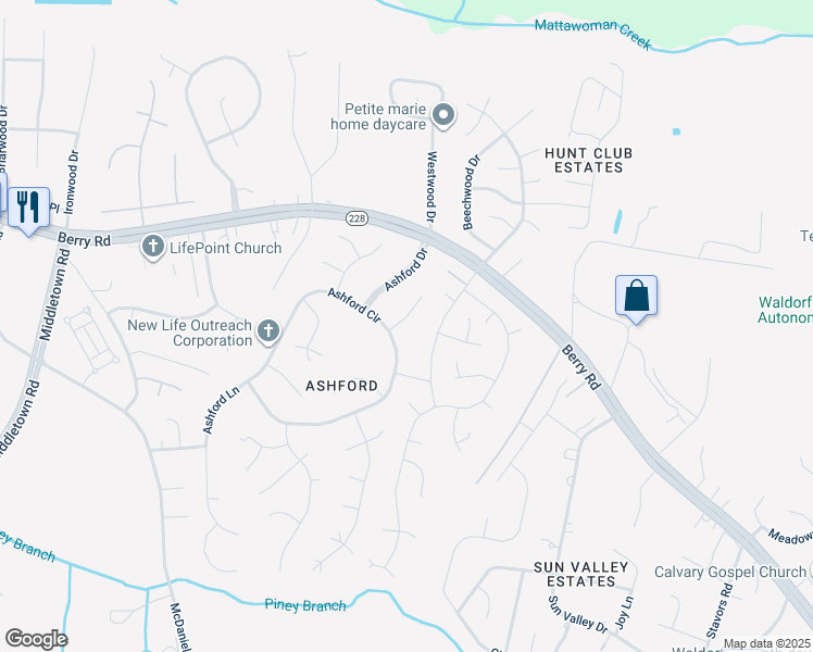 map of restaurants, bars, coffee shops, grocery stores, and more near 2308 Avalon Court in Waldorf