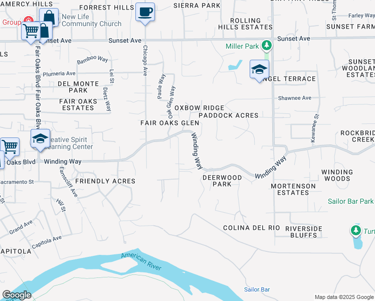 map of restaurants, bars, coffee shops, grocery stores, and more near 8388 Winding Way in Fair Oaks