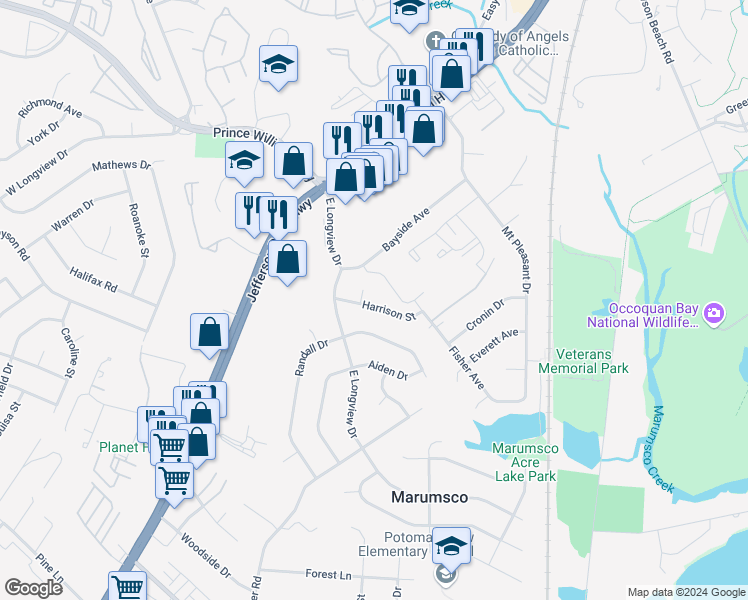 map of restaurants, bars, coffee shops, grocery stores, and more near 1416 Harrison Street in Woodbridge