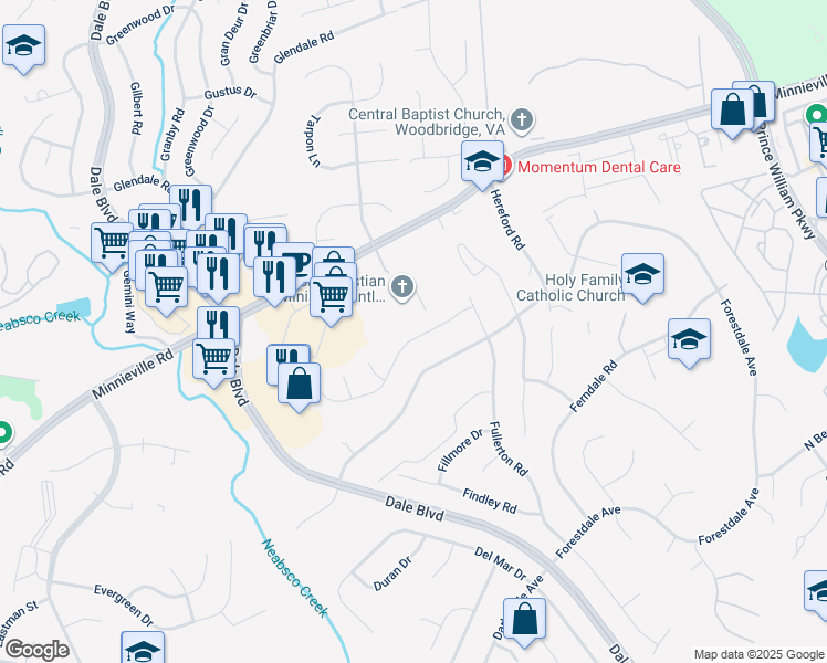 map of restaurants, bars, coffee shops, grocery stores, and more near 3918 Forge Drive in Woodbridge