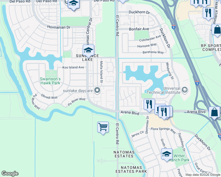 map of restaurants, bars, coffee shops, grocery stores, and more near 3551 Sardinia Island Way in Sacramento