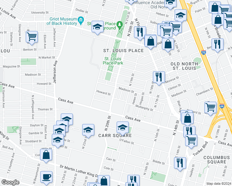 map of restaurants, bars, coffee shops, grocery stores, and more near 1639 Knapp Street in St. Louis