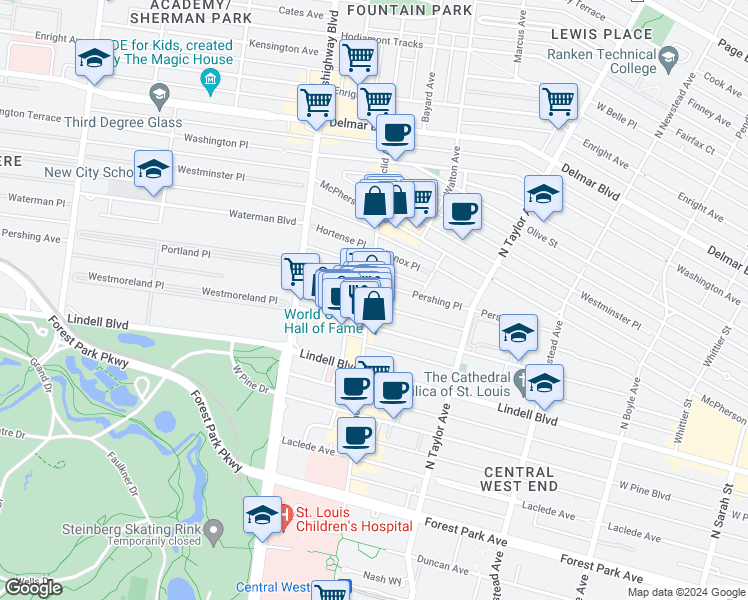 map of restaurants, bars, coffee shops, grocery stores, and more near 4668 Pershing Place in St. Louis