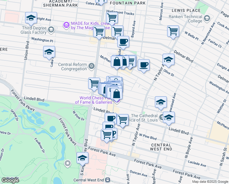 map of restaurants, bars, coffee shops, grocery stores, and more near 4668 Pershing Place in St. Louis
