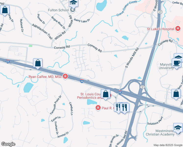map of restaurants, bars, coffee shops, grocery stores, and more near 14369 East Conway Meadows Court in Chesterfield
