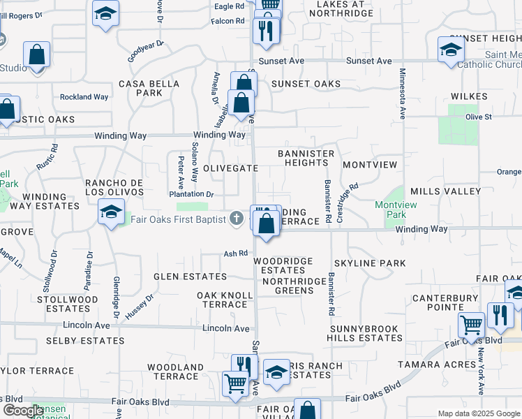 map of restaurants, bars, coffee shops, grocery stores, and more near 4444 San Juan Avenue in Fair Oaks