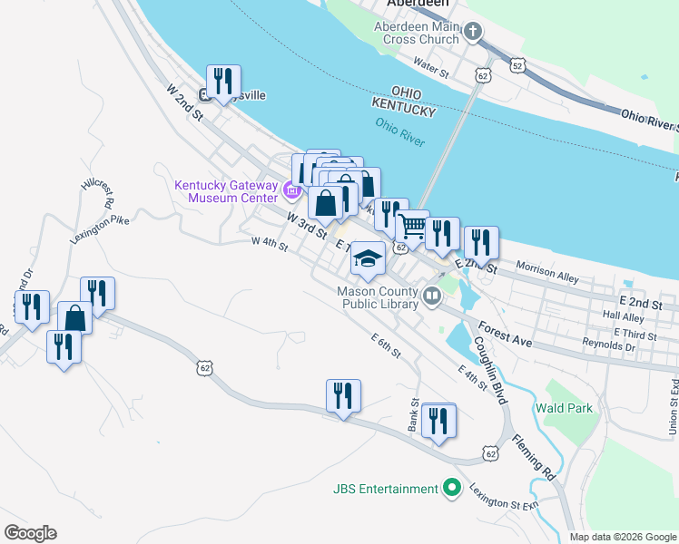 map of restaurants, bars, coffee shops, grocery stores, and more near 18 East Third Street in Maysville