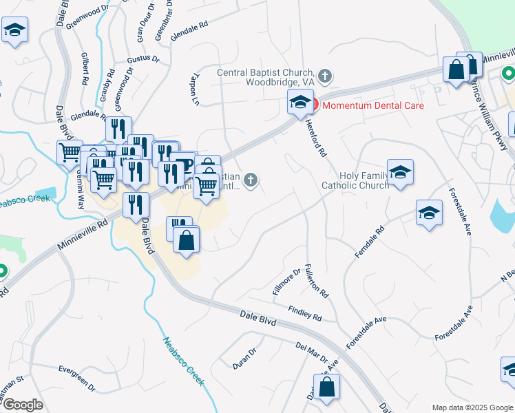 map of restaurants, bars, coffee shops, grocery stores, and more near 3918 Forge Drive in Woodbridge