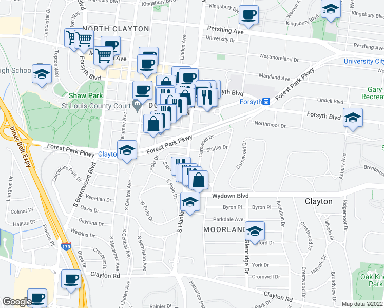 map of restaurants, bars, coffee shops, grocery stores, and more near 326 South Hanley Road in Clayton