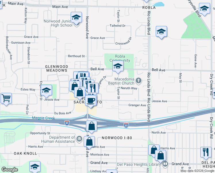 map of restaurants, bars, coffee shops, grocery stores, and more near 541 Samuel Way in Sacramento