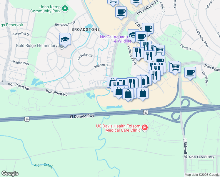 map of restaurants, bars, coffee shops, grocery stores, and more near Iron Point Road in Folsom