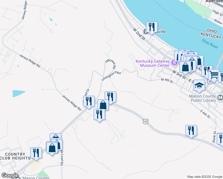 map of restaurants, bars, coffee shops, grocery stores, and more near 772 Lexington Pike in Maysville