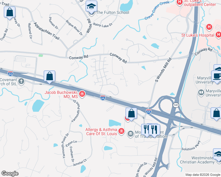 map of restaurants, bars, coffee shops, grocery stores, and more near 14369 East Conway Meadows Court in Chesterfield