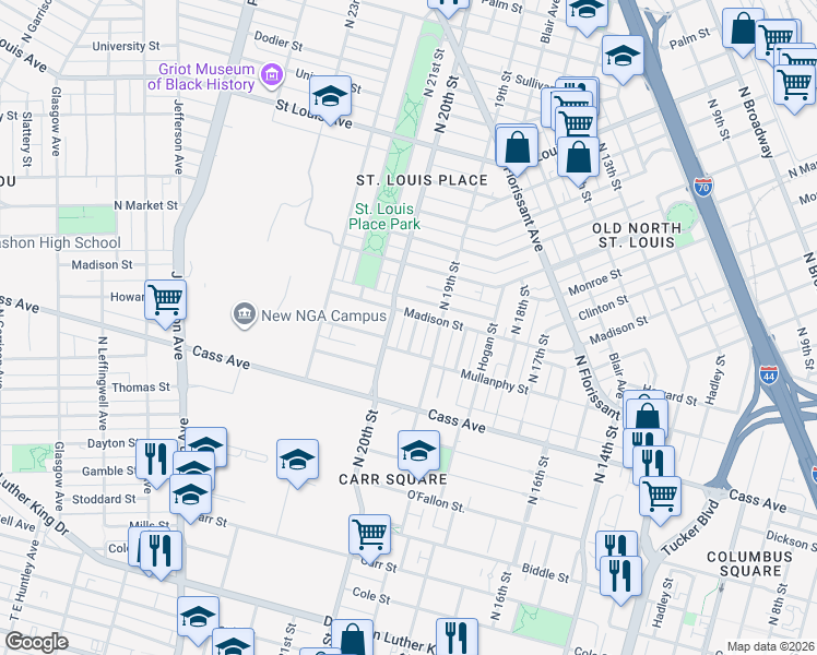 map of restaurants, bars, coffee shops, grocery stores, and more near 1623 Knapp Street in St. Louis